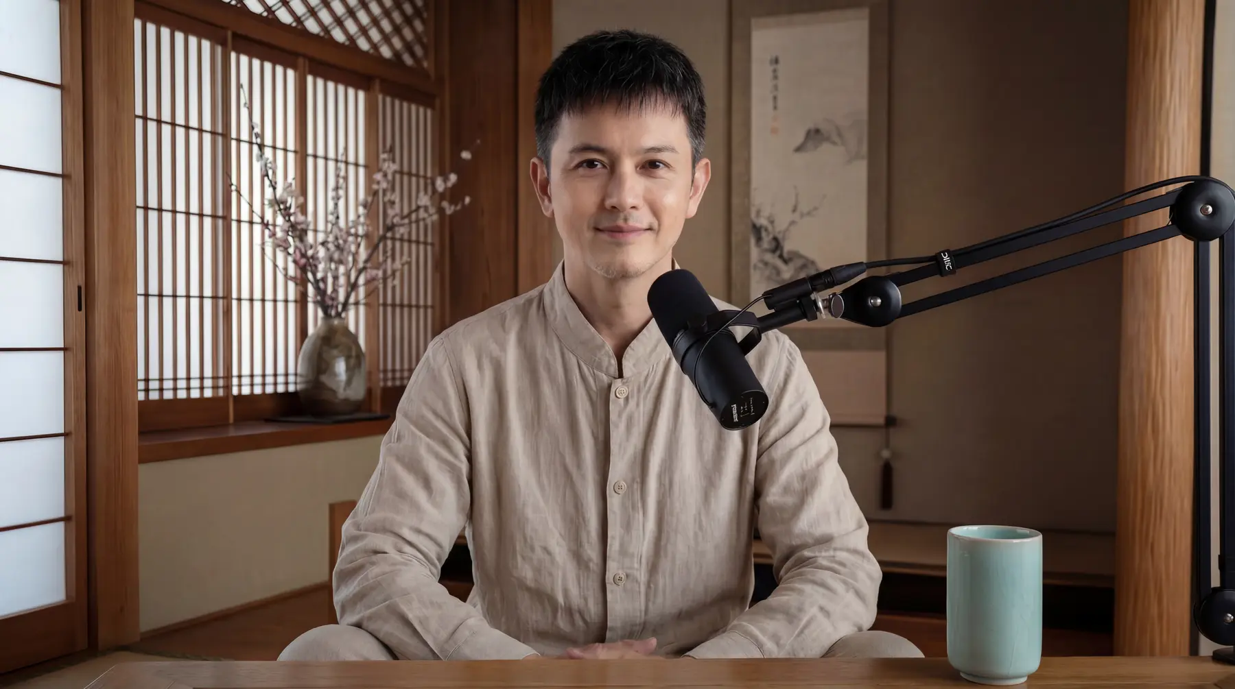 Mori seated in a restrained wooden recording space